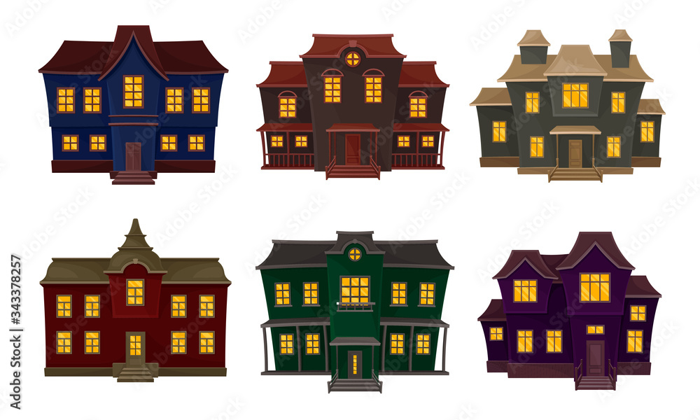 Gloomy Houses with Shiny Yellow Windows Vector Set
