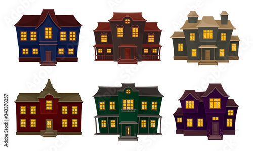 Gloomy Houses with Shiny Yellow Windows Vector Set