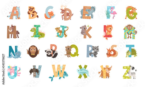 Animal Alphabet with Ornamental Letters and Zoo Creatures Vector Set