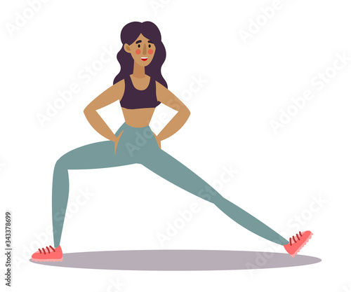 Cute young dark-haired trainer girl doing stretching exercise on legs in a gym. Vector illustration in the flat cartoon style