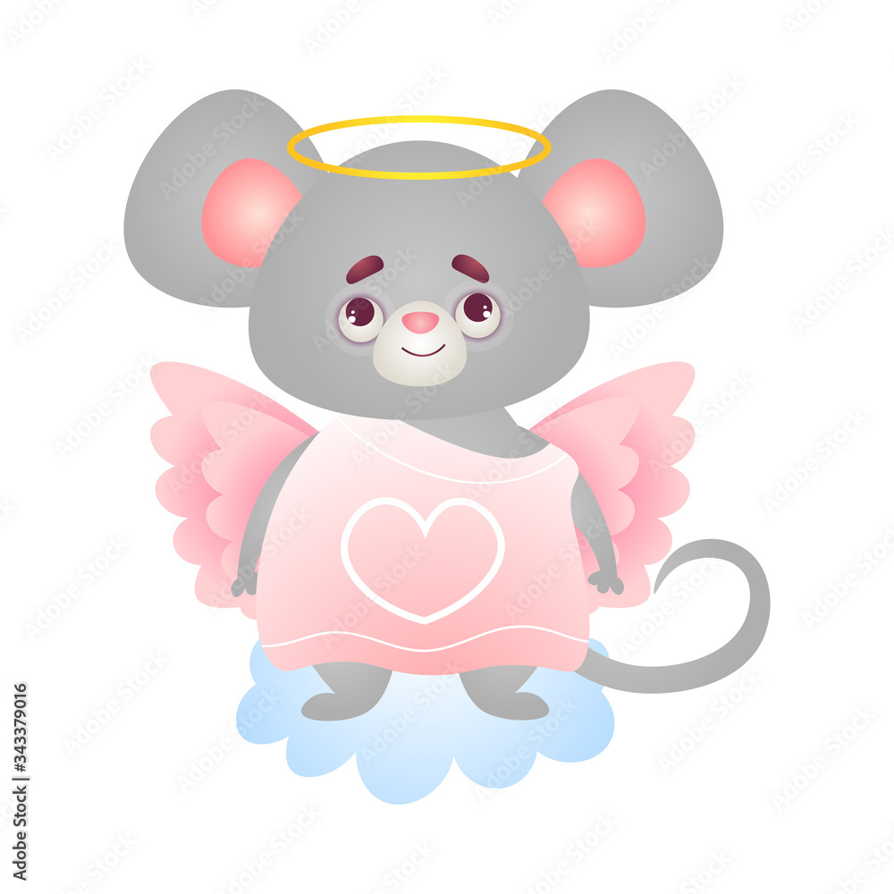 Cute angel mouse stands on cloud in a pink dress with wings. Vector illustration isolated on white background.