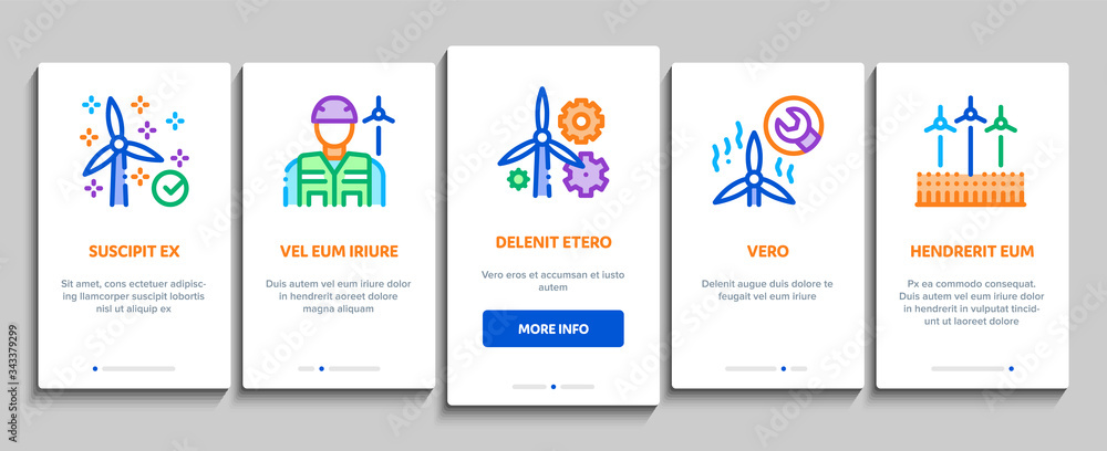 Wind Energy Technicians Onboarding Mobile App Page Screen Vector. Repair And Research, Delivery Details Truck And Installing Machine, Energy Industry Color Contour Illustrations