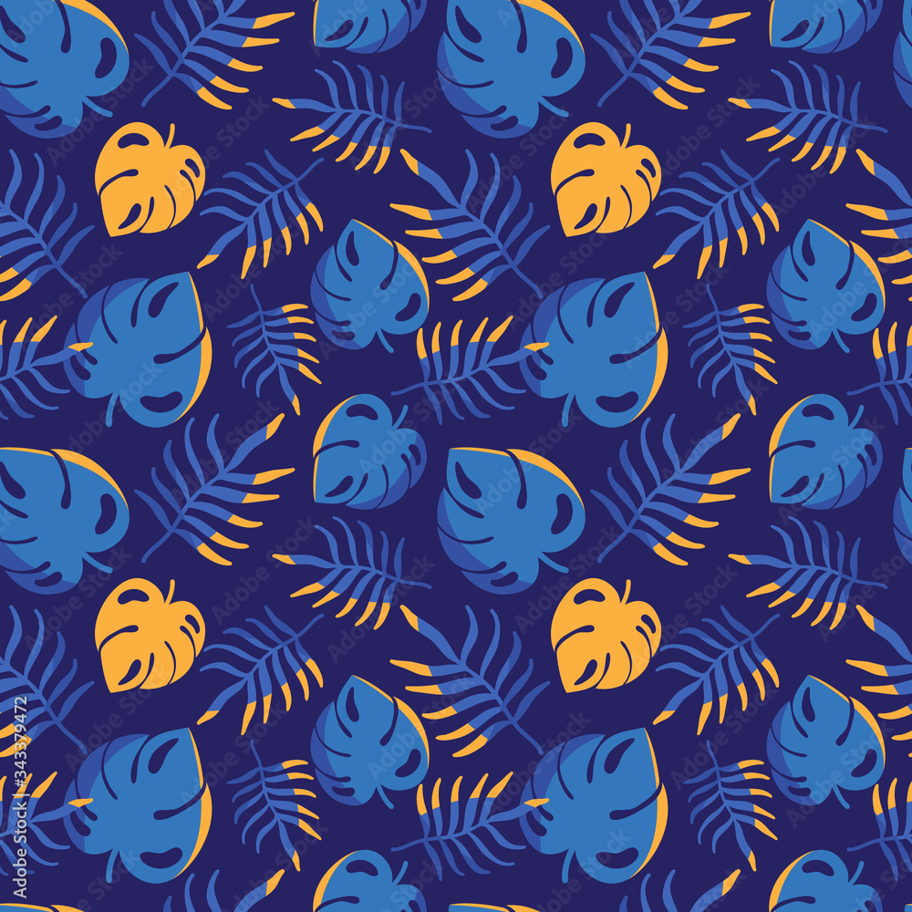Abstract seamless pattern of monstera and tropical palm leaves. Exotic Botanical background with jungle plants. Hand drawn nature wallpaper. Vector illustration. Decorative textile, wrapping paper. Abstract seamless pattern of monstera and tropical palm leaves. Exotic Botanical background with jungle plants. Hand drawn nature wallpaper. Vector illustration. Decorative textile, wrapping paper.