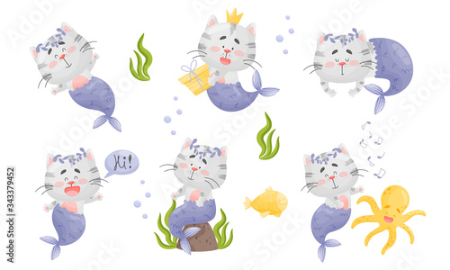 Mermaid Cat Character with Fishtail Wearing Floral Wreath and Swimming Underwater Vector Set