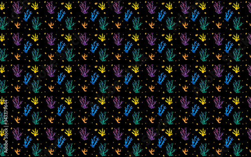Seamless pattern. Hand paint watercolor seashells and corals on black background.