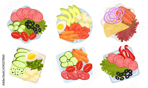 Sliced and Cut Vegetables, Meat and Cheese Served on Plate Above View Vector Set