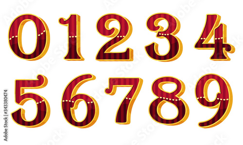 Red Striped Numerals with Dots Isolated on White Background Vector Set