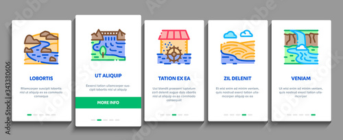 River Landscape Onboarding Mobile App Page Screen Vector. River With Mountain And Forest, Bridge And City Buildings, Water Mill And Field Color Contour Illustrations