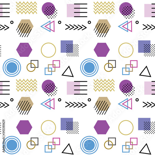 Memphis style with geometric pattern, vector illustration with geometric figures. Trendy seamless pattern