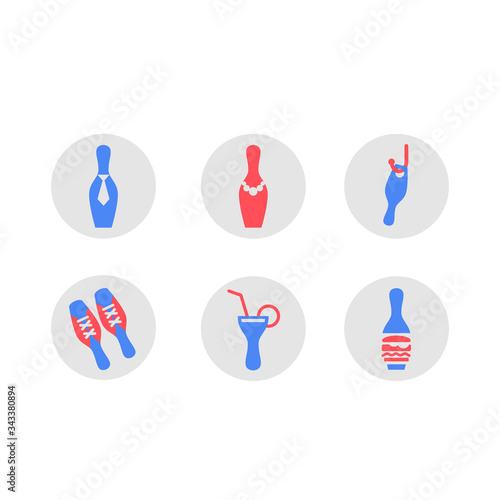 Pictograms for communication in bowling. Bright skittles that indicate wardrobe, toilet, bar and cafe. Funny vector pictures for children and their parents.