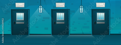 Jail corridor with Door in cartoon style.Hallway prison cell interior with lattice. Cartoon vector