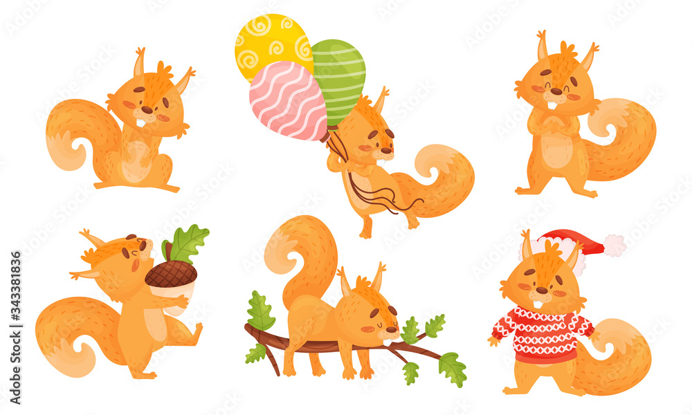 Obraz premium Furry Orange Squirrel Character Sleeping on Tree Branch and Wearing Winter Sweater Vector Set