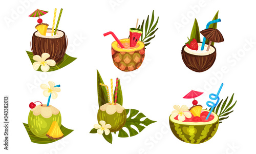 Exotic Cocktails with Straw Poured in Coconut and Watermelon Fruit Vector Set