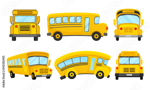 Yellow School Bus Viewed from Different Angles Vector Set