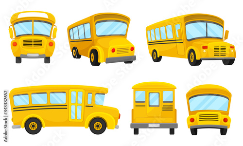Yellow School Bus Viewed from Different Angles Vector Set