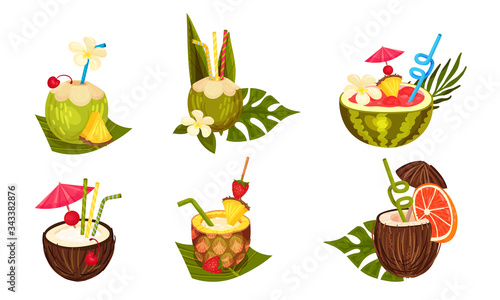 Exotic Cocktails with Straw Poured in Coconut and Watermelon Fruit Vector Set