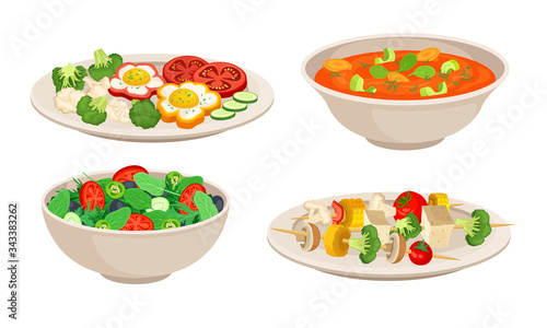 Vegan Dishes and Main Courses with Vegetable Salad and Thick Soup with Tomato Vector Set