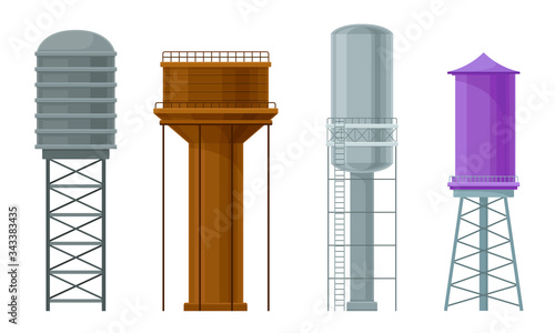 Water Towers or Tank Houses Made of Metal Vector Set