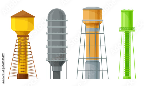 Water Towers or Tank Houses Made of Metal Vector Set