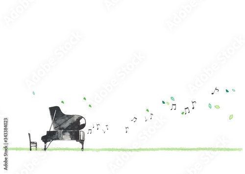 グランドピアノ、風に舞う葉