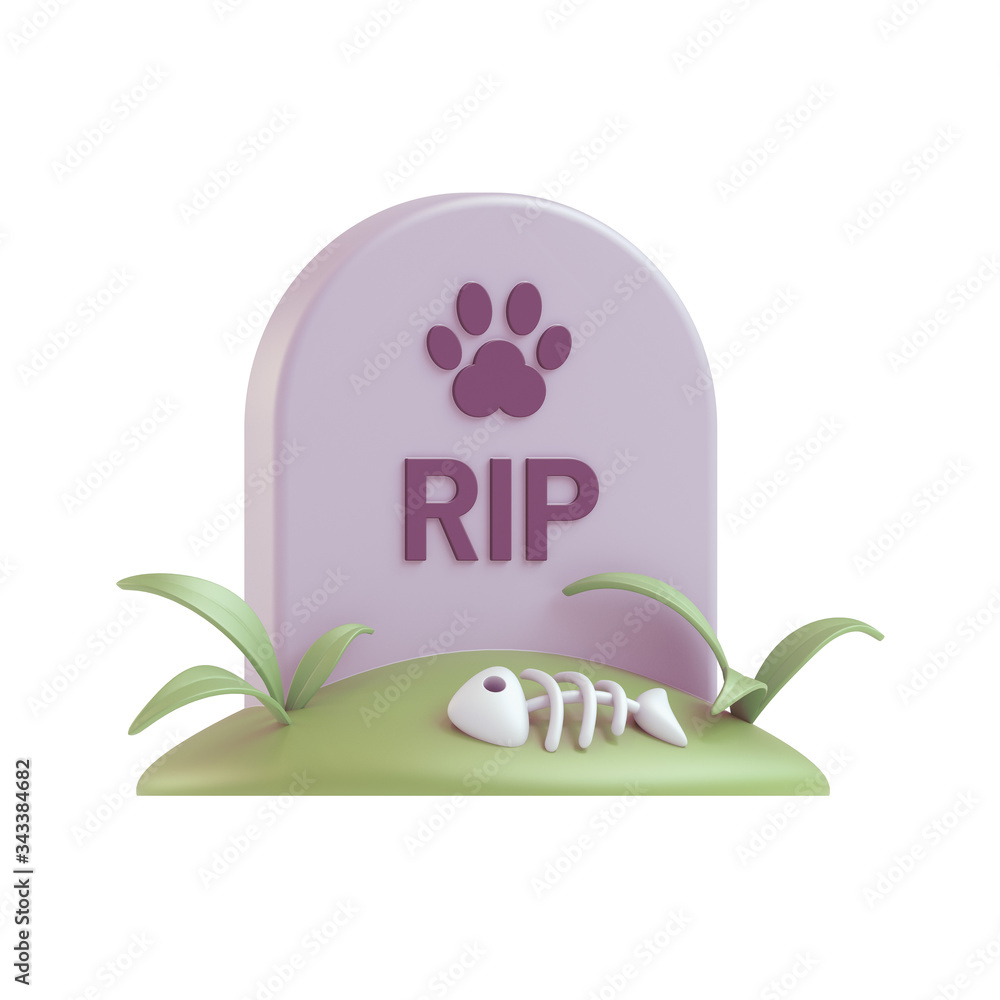 Pet cemetery. Rest in peace beloved pet. Cartoon fish bone lies on the  grave of cat.