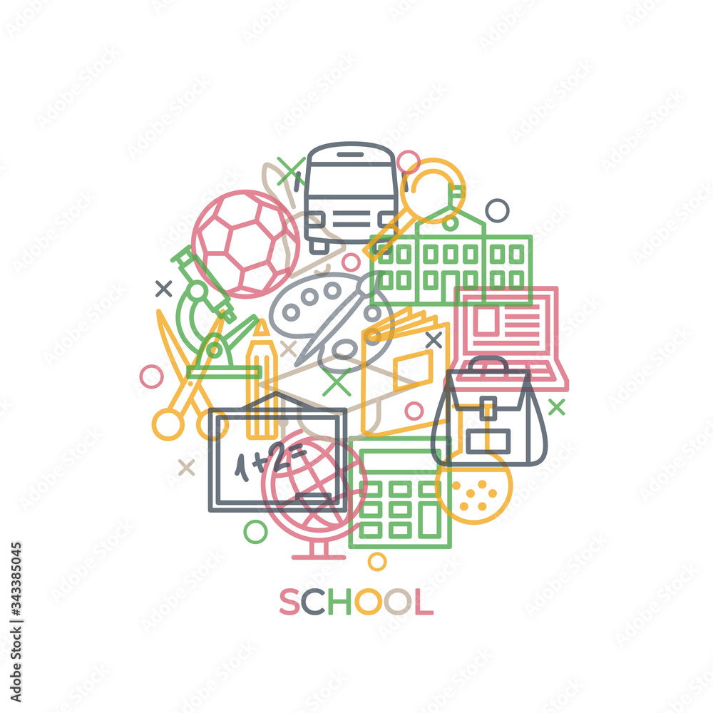 SCHOOL Concept with icons and signs in line style SCHOOL Concept with icons and signs in line style