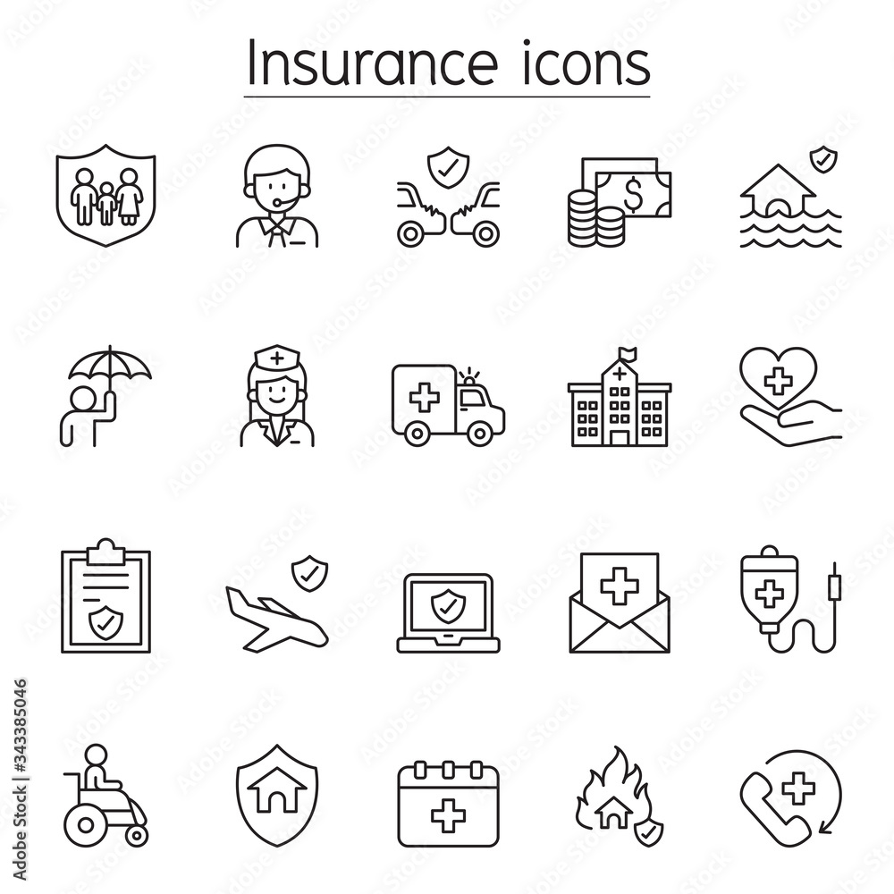 Insurance icons set in thin line style