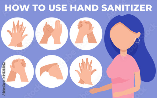 Healthcare educational infographic how to use sanitizer. Clean disease prevention covid-19. Personal hygiene, infographic procedure to wash alcohol gel.