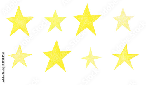 Set of yellow hand drawn stars isolated on white background 
