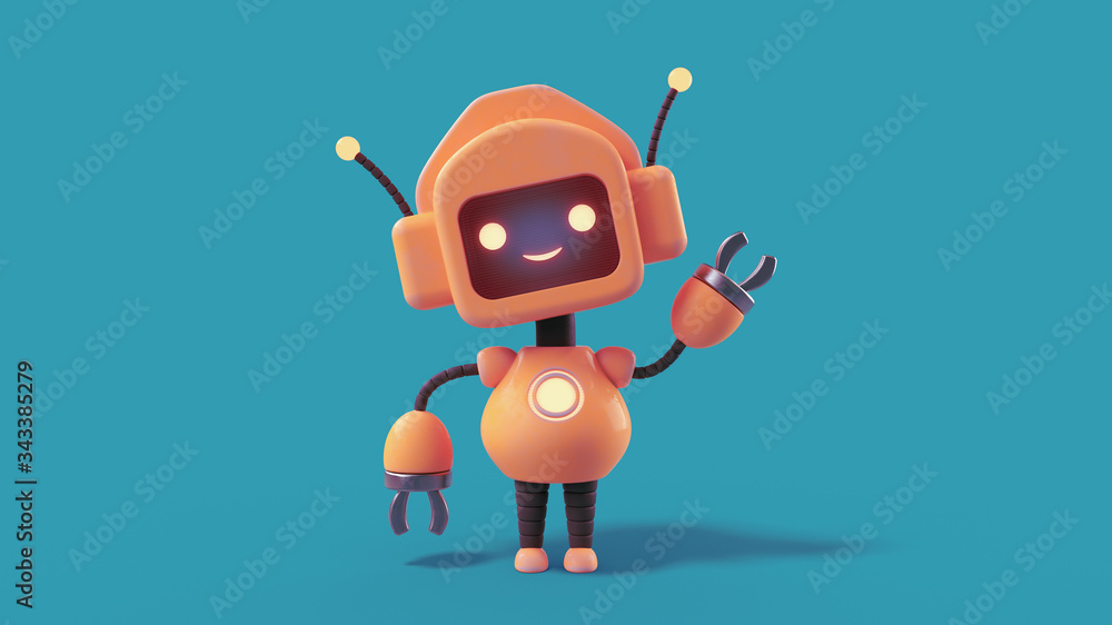 Tulipaner Overgivelse Recollection Friendly positive cute cartoon orange robot with smiling face waving its  hand. Chatbot greets. Customer support service chat bot. Robot assistant,  online consultant. 3d illustration on blue background Stock Illustration |  Adobe