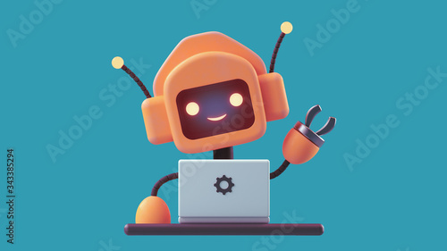 Friendly positive cute cartoon orange robot with smiling face waving its hand. Chatbot greets. Customer support service chat bot. Robot assistant, online consultant. 3d illustration on blue background