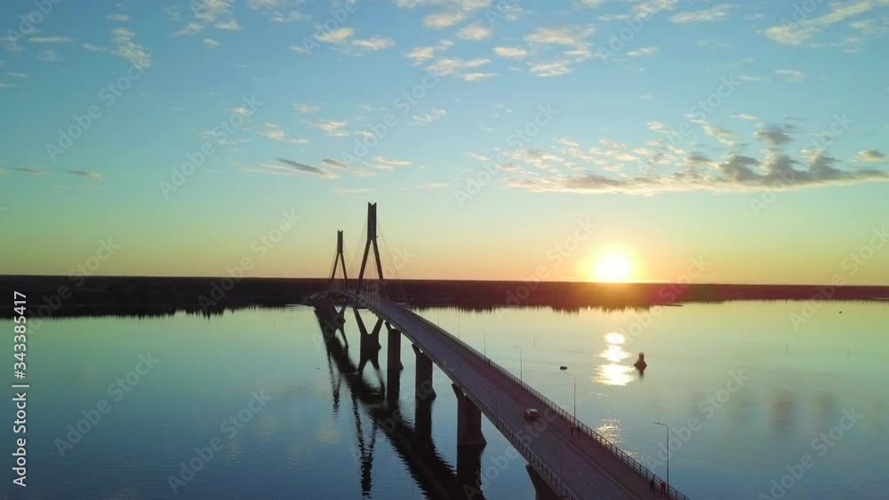 Aerial, Beautiful Road trip location in Europe, car driving on Replot bridge in Finland Aerial, Beautiful Road trip location in Europe, car driving on Replot bridge in Finland