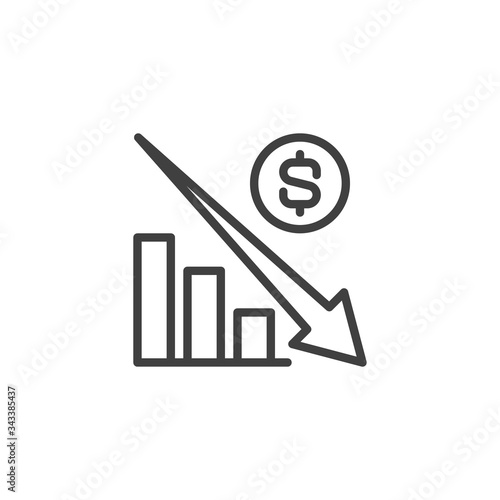 Financial crisis graph line icon. linear style sign for mobile concept and web design. Dollar rate decrease outline vector icon. Symbol, logo illustration. Vector graphics