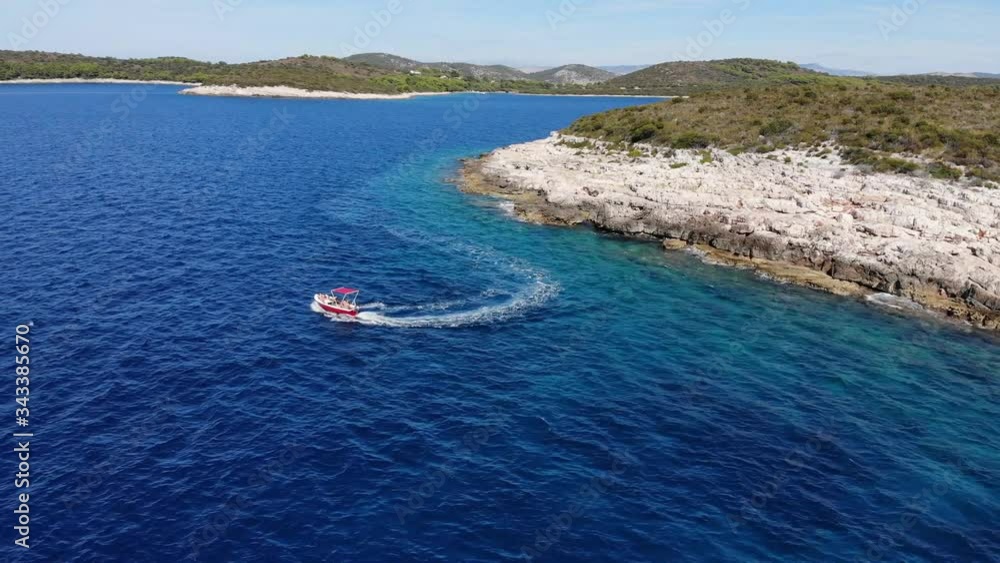 Summer sunny day trip boat on the blue sea, aerial footage Summer sunny day trip boat on the blue sea, aerial footage