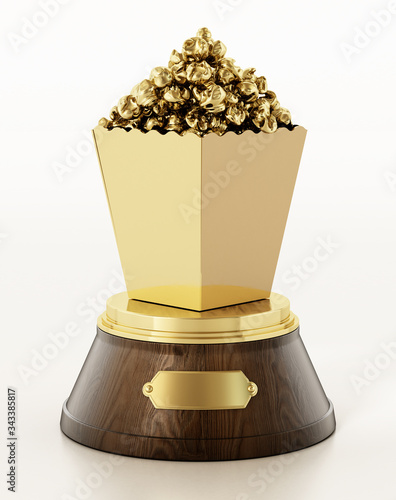 Golden popcorn on wooden pedestal. Cinema award. 3D illustration photo