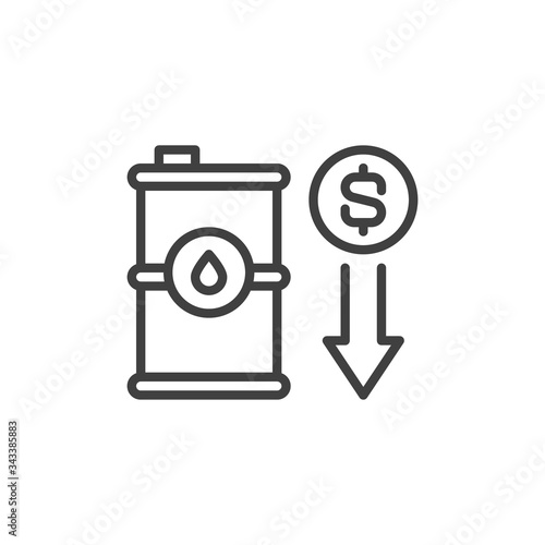Crude oil price decrease line icon. linear style sign for mobile concept and web design. Oil barrel and dollar decrease outline vector icon. Symbol, logo illustration. Vector graphics