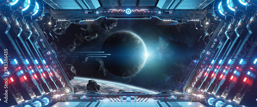 Fototapeta Naklejka Na Ścianę i Meble -  Blue and red futuristic spaceship interior with window view on planets 3d rendering