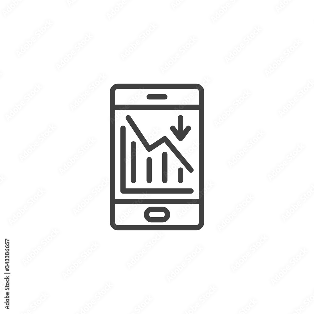 Mobile phone with decrease graph line icon. linear style sign for mobile concept and web design. Smartphone with analytics diagram outline vector icon. Symbol, logo illustration. Vector graphics Mobile phone with decrease graph line icon. linear style sign for mobile concept and web design. Smartphone with analytics diagram outline vector icon. Symbol, logo illustration. Vector graphics