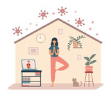 Quarantine cartoon woman practicing yoga at home