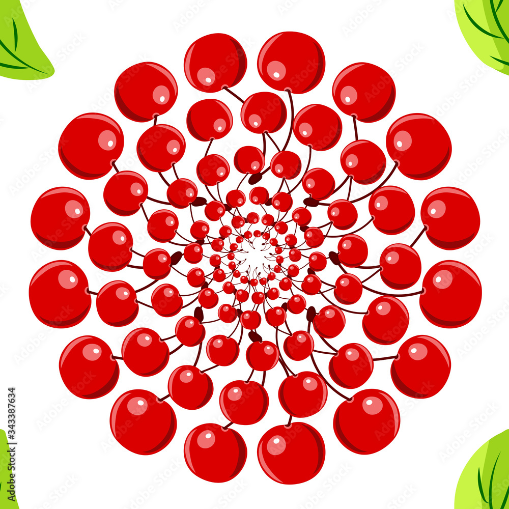 pattern of juicy red ripe cherries, with and without a leaf on a white background