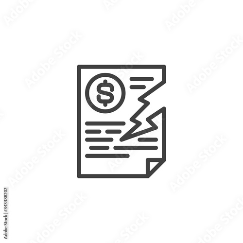 Damaged dollar invoice line icon. Financial contract termination linear style sign for mobile concept and web design. Torn bank check outline vector icon. Symbol, logo illustration. Vector graphics