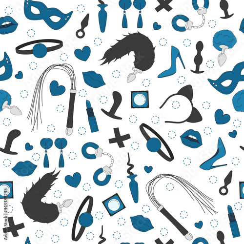 Vector seamless pattern bdsm. Colored icon of intimate toys, sex shop. Isolated over white background.