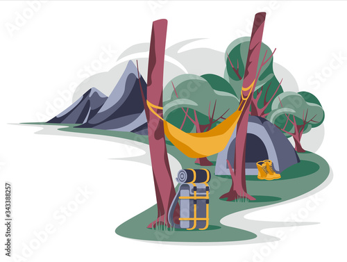 Camping rest landscape with hammock, tent, backpack and boots on mountain landscape isolated white background