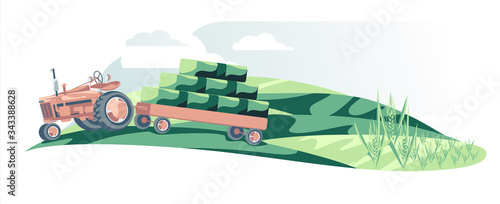 Tractor carry stock of hay isolated on field white background