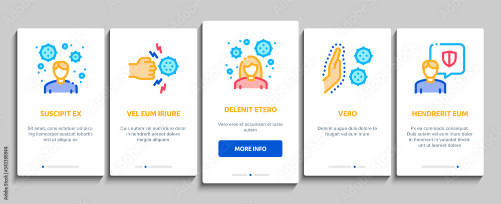 Immunity Human Biological Defense Onboarding Mobile App Page Screen Vector. Protective Bacterias, Syringe And Shield, Vitamin And Healthcare Pills For Immunity Color Contour Illustrations