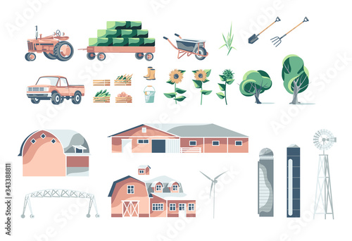 Objects set of agriculture technics, buildings, equipments, harvest and plants isolated on white background