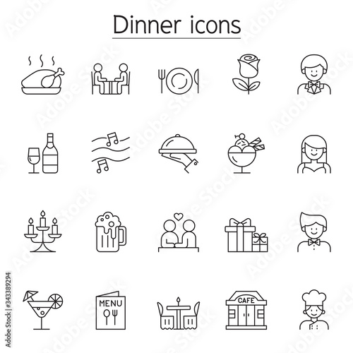 Dinner icons set in thin line style
