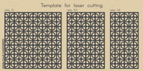 Template for laser cutting. Stencil for panels of wood, metal. Geometric pattern. Abstract background for cut. Vector illustration. Decorative cards. Ratio 1:1, 2:3, 1:2.