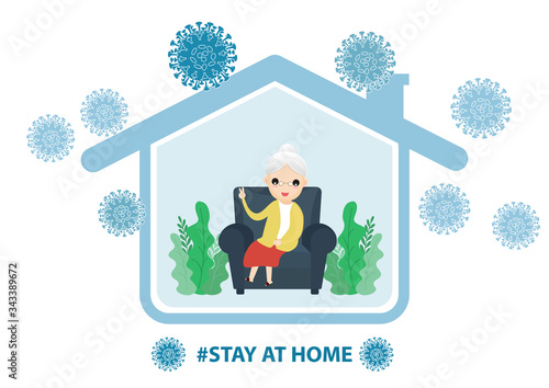 Senior staying at home in self quarantine, protection from virus.