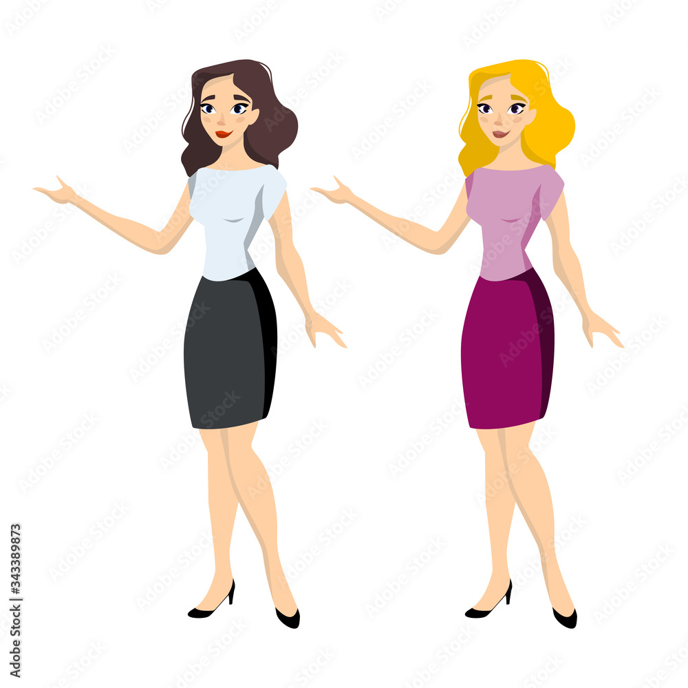 A set of two women with different-colored hair. Middle-aged office worker. A young woman in a blouse skirt and shoes. Brunette and blonde. The girl shows something or points to something. 